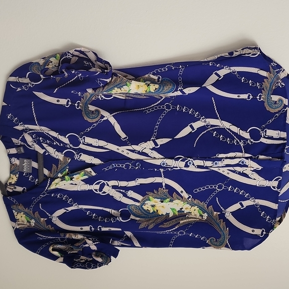 NY&C SHORT SLEEVE BLOUSE.  MULTI BLUE. MEDIUM - Picture 3 of 4